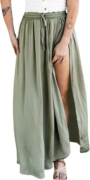 CHARTOU Women Casual Elastic Waist Flowy Ruffle Maxi Skirt Side Slit Drawstring Long Beach Skirt