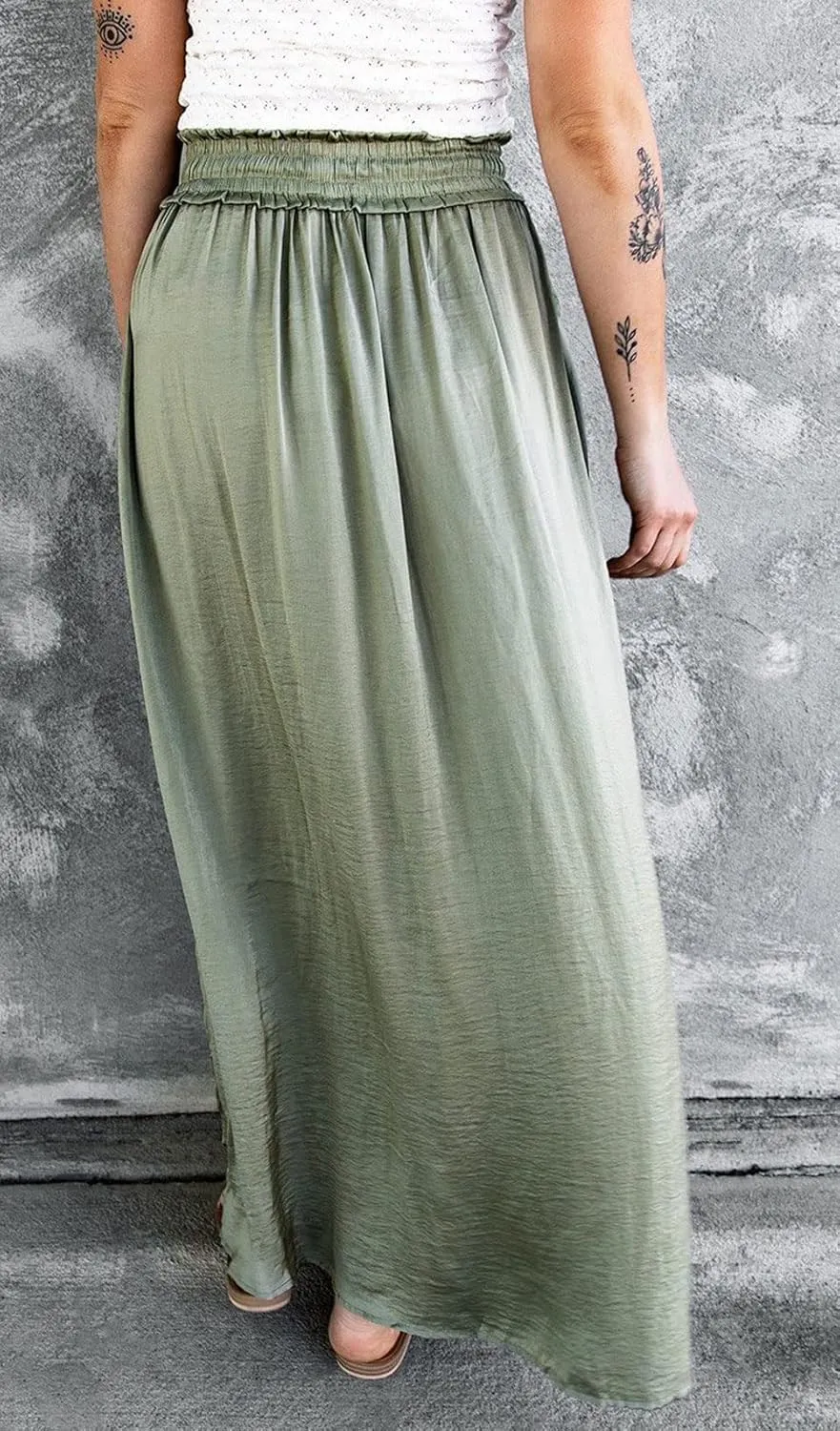 CHARTOU Women Casual Elastic Waist Flowy Ruffle Maxi Skirt Side Slit Drawstring Long Beach Skirt