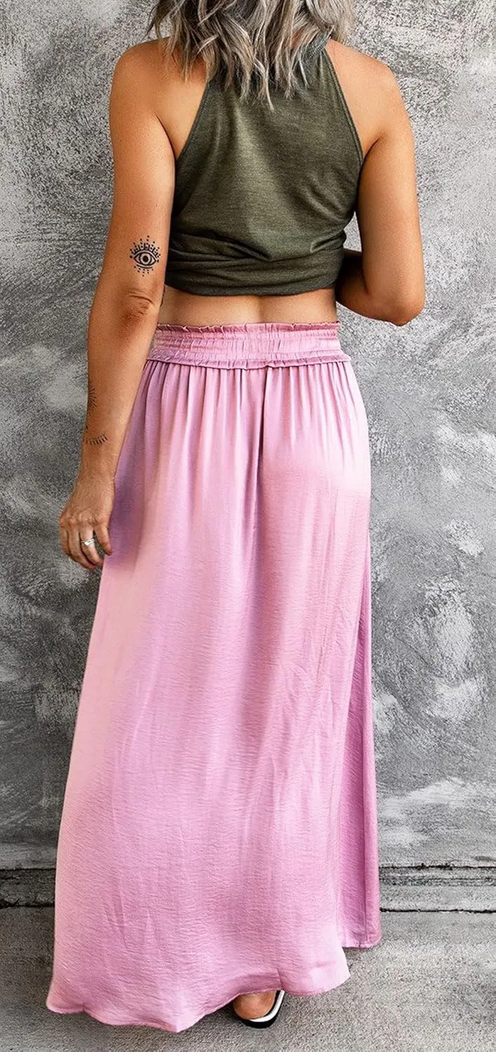 CHARTOU Women Casual Elastic Waist Flowy Ruffle Maxi Skirt Side Slit Drawstring Long Beach Skirt