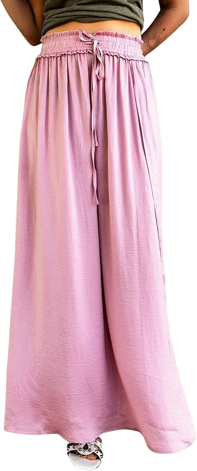 CHARTOU Women Casual Elastic Waist Flowy Ruffle Maxi Skirt Side Slit Drawstring Long Beach Skirt