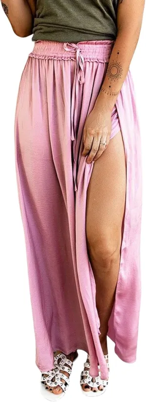 CHARTOU Women Casual Elastic Waist Flowy Ruffle Maxi Skirt Side Slit Drawstring Long Beach Skirt