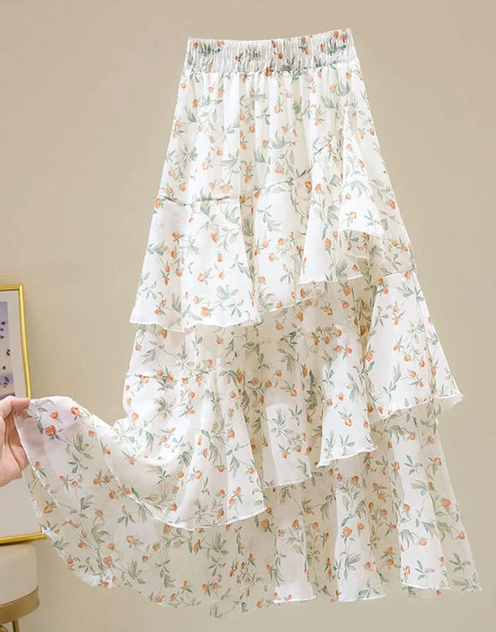CHARTOU Women's Cute Chiffon Floral Print Tiered Flowy Pleated Midi A Line Skirt Ruffle Swing Skirt