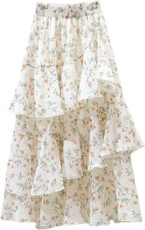 CHARTOU Women's Cute Chiffon Floral Print Tiered Flowy Pleated Midi A Line Skirt Ruffle Swing Skirt