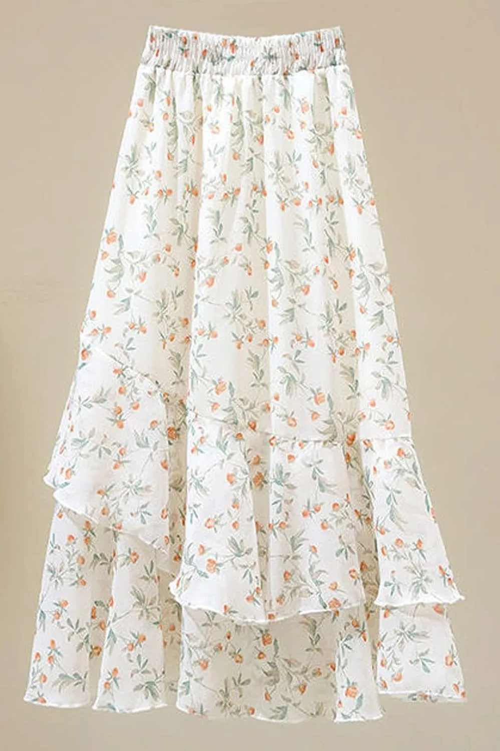 CHARTOU Women's Cute Chiffon Floral Print Tiered Flowy Pleated Midi A Line Skirt Ruffle Swing Skirt