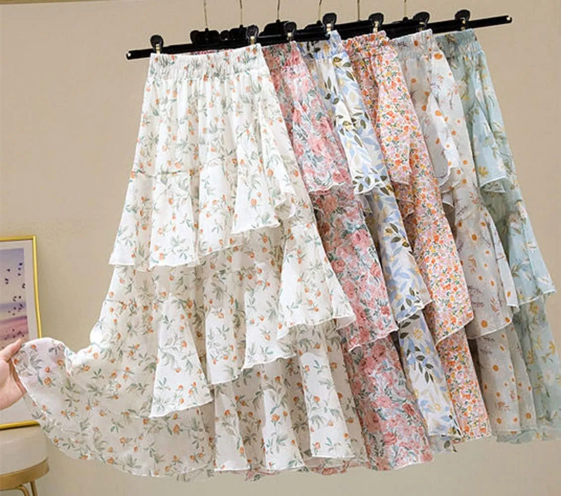 CHARTOU Women's Cute Chiffon Floral Print Tiered Flowy Pleated Midi A Line Skirt Ruffle Swing Skirt