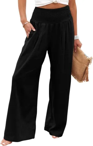 CHARTOU Women's Lightweight Smocked High Waist Straight Leg Cotton Linen Palazzo Beach Pants