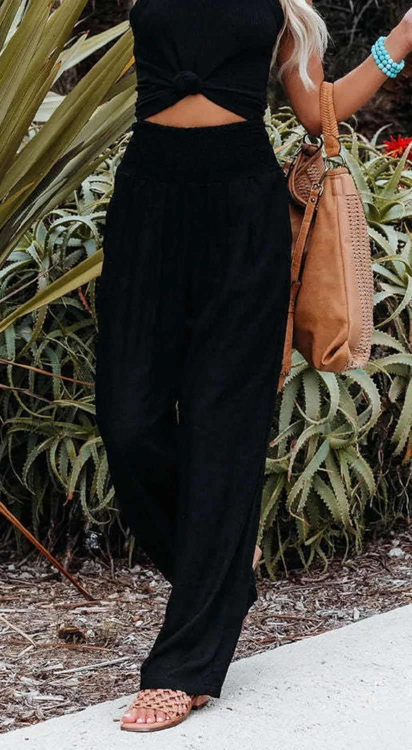 CHARTOU Women's Lightweight Smocked High Waist Straight Leg Cotton Linen Palazzo Beach Pants