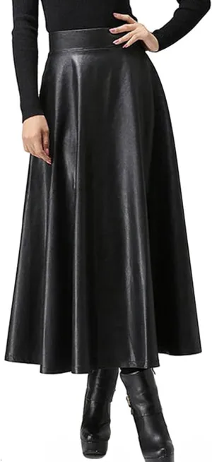 CHARTOU Women's PU Faux Leather High Rise Zip Back Flare Pleated Long A-Line Skirt