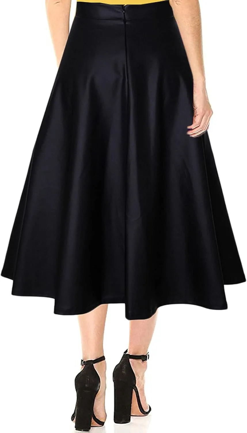 CHARTOU Women's PU Faux Leather High Rise Zip Back Flare Pleated Long A-Line Skirt