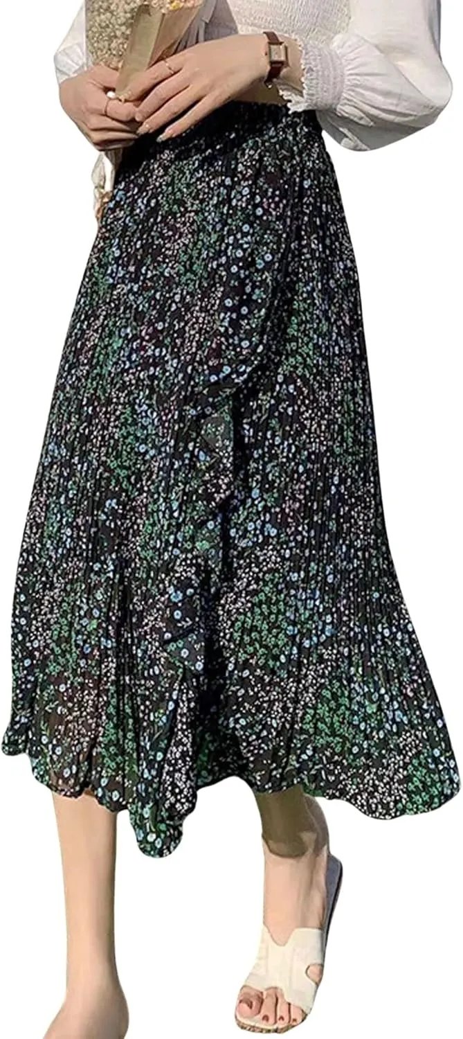 CHARTOU Women's Summer Chiffon Ruffle Frill Pleated Midi Skirt Elastic Waist Flowy A line Skirt