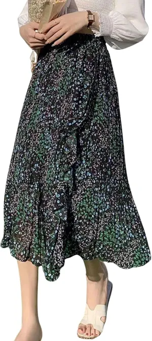 CHARTOU Women's Summer Chiffon Ruffle Frill Pleated Midi Skirt Elastic Waist Flowy A line Skirt