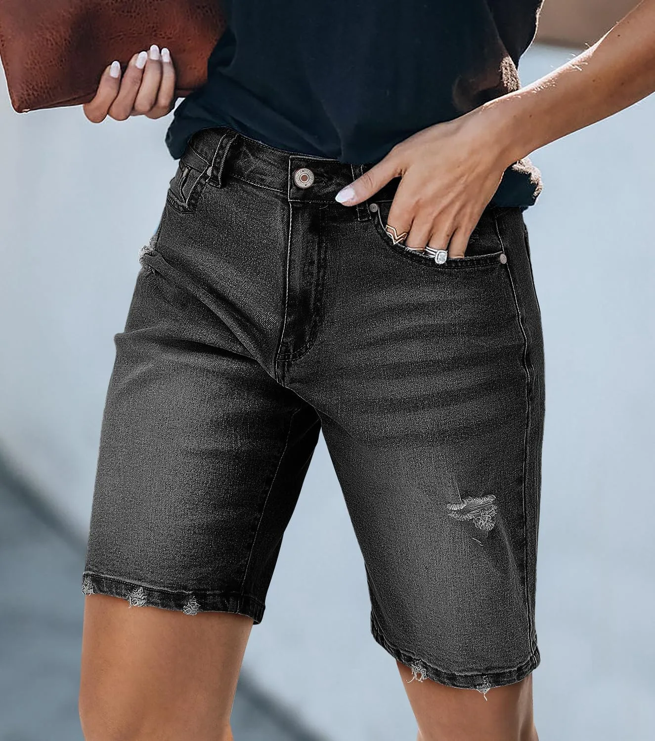 CHICZONE Womens Bermuda Jean Shorts Stretchy Mid Waisted Denim Shorts with Pockets