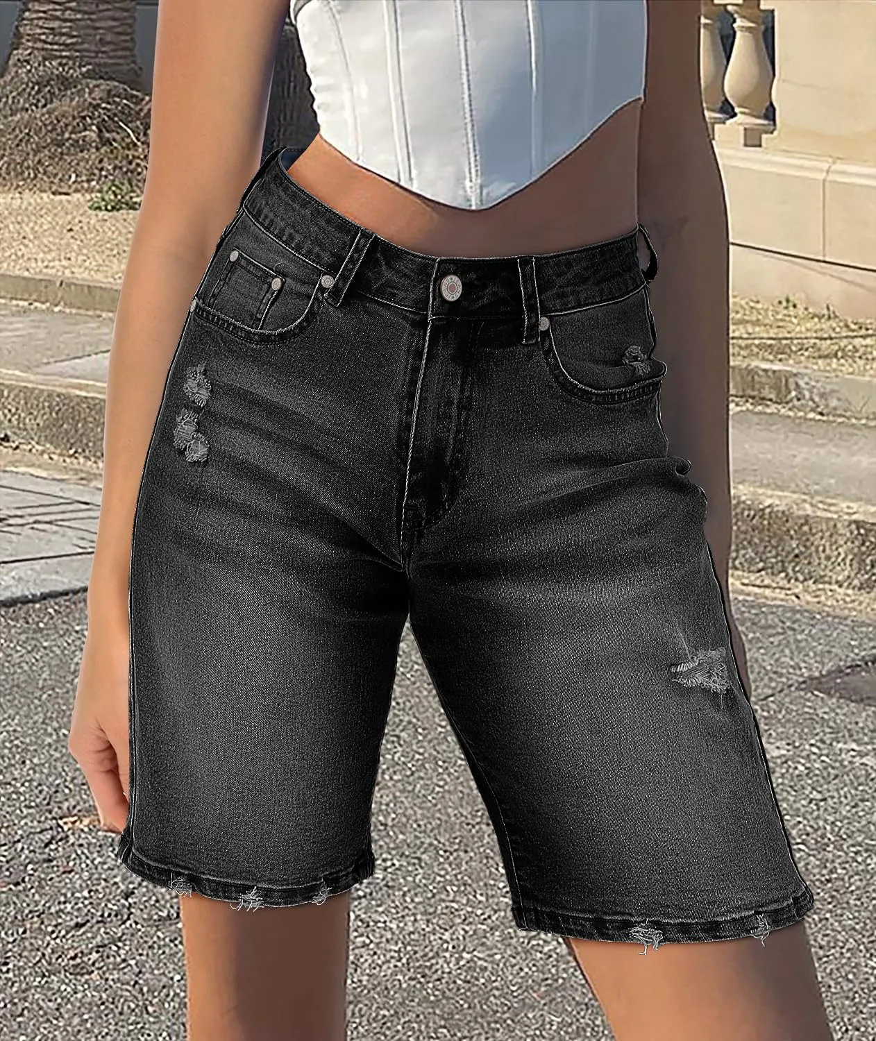 CHICZONE Womens Bermuda Jean Shorts Stretchy Mid Waisted Denim Shorts with Pockets