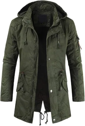 chouyatou Men's Spring Military Full-Zip Removable Hooded Cotton Mid-Long Parka Jacket Coat