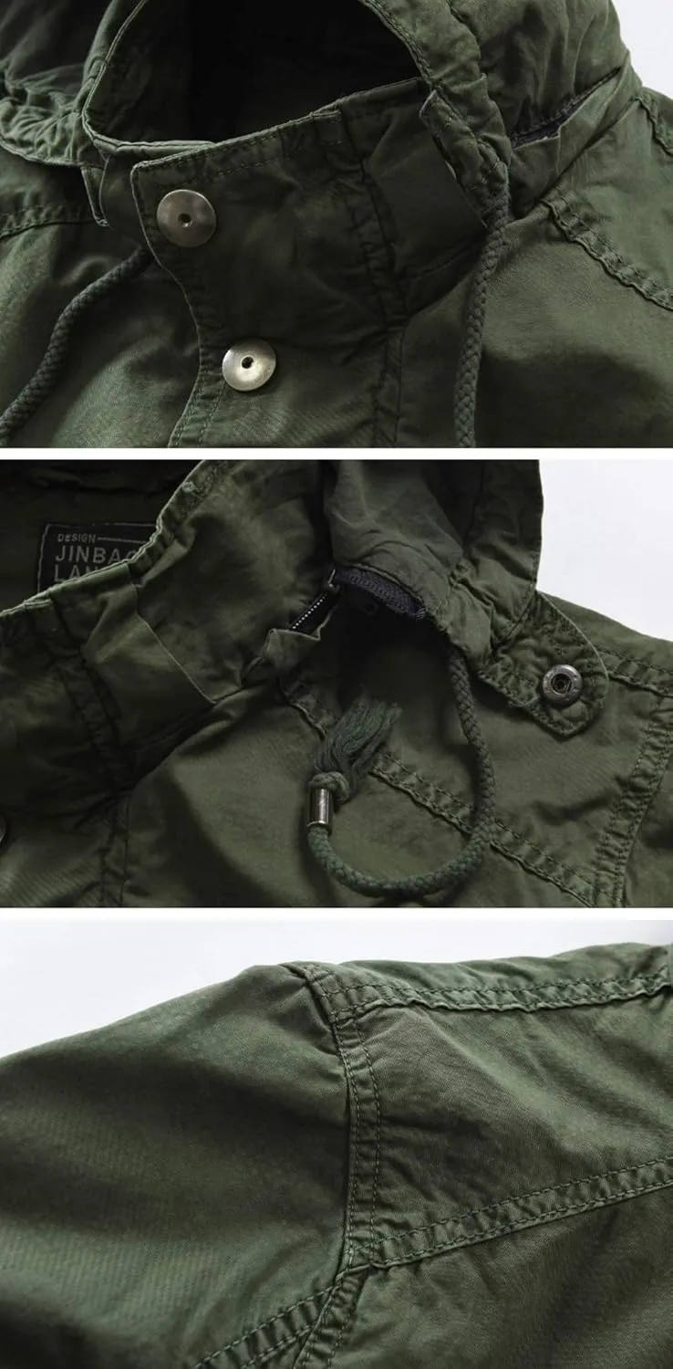 chouyatou Men's Spring Military Full-Zip Removable Hooded Cotton Mid-Long Parka Jacket Coat