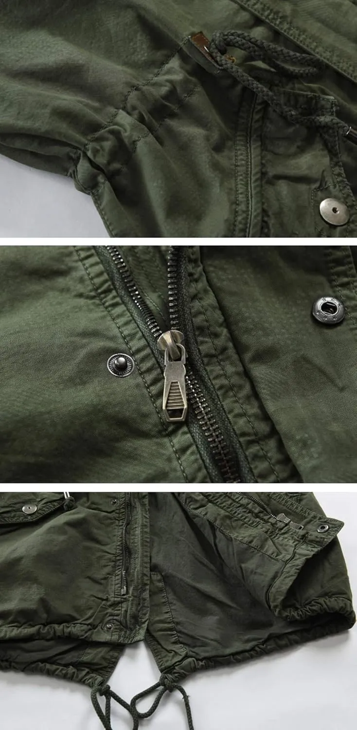 chouyatou Men's Spring Military Full-Zip Removable Hooded Cotton Mid-Long Parka Jacket Coat