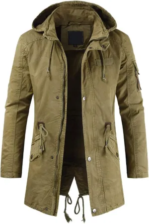 chouyatou Men's Spring Military Full-Zip Removable Hooded Cotton Mid-Long Parka Jacket Coat