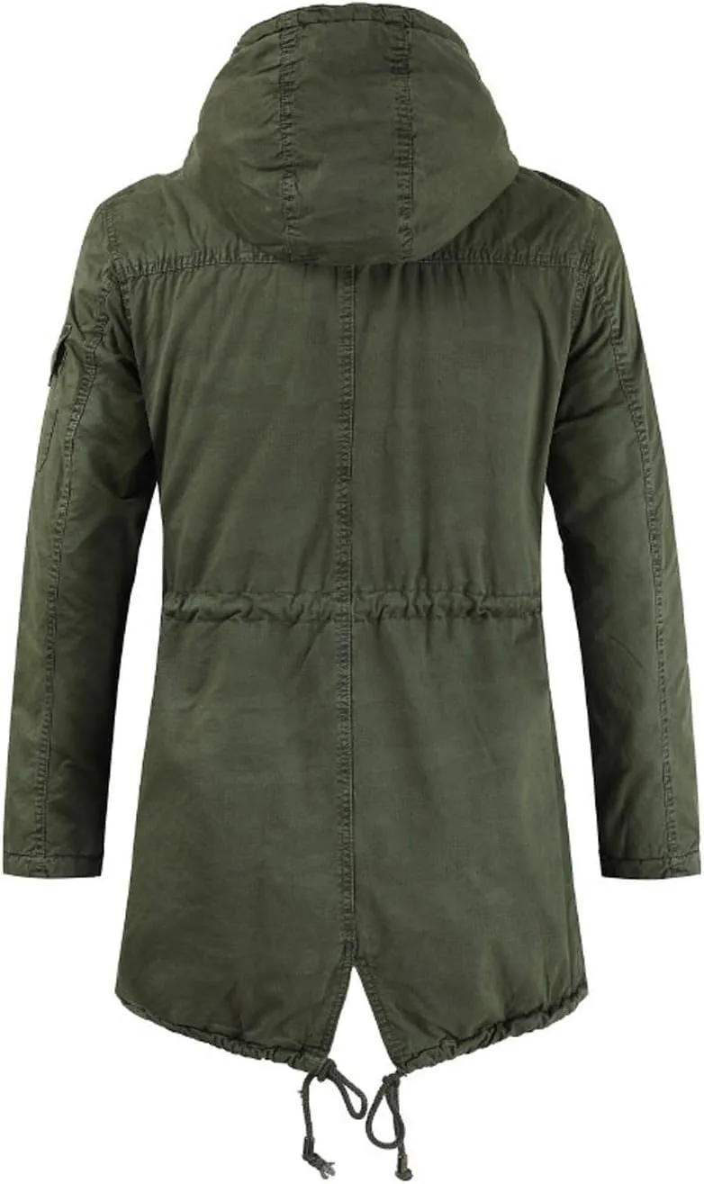 chouyatou Men's Spring Military Full-Zip Removable Hooded Cotton Mid-Long Parka Jacket Coat