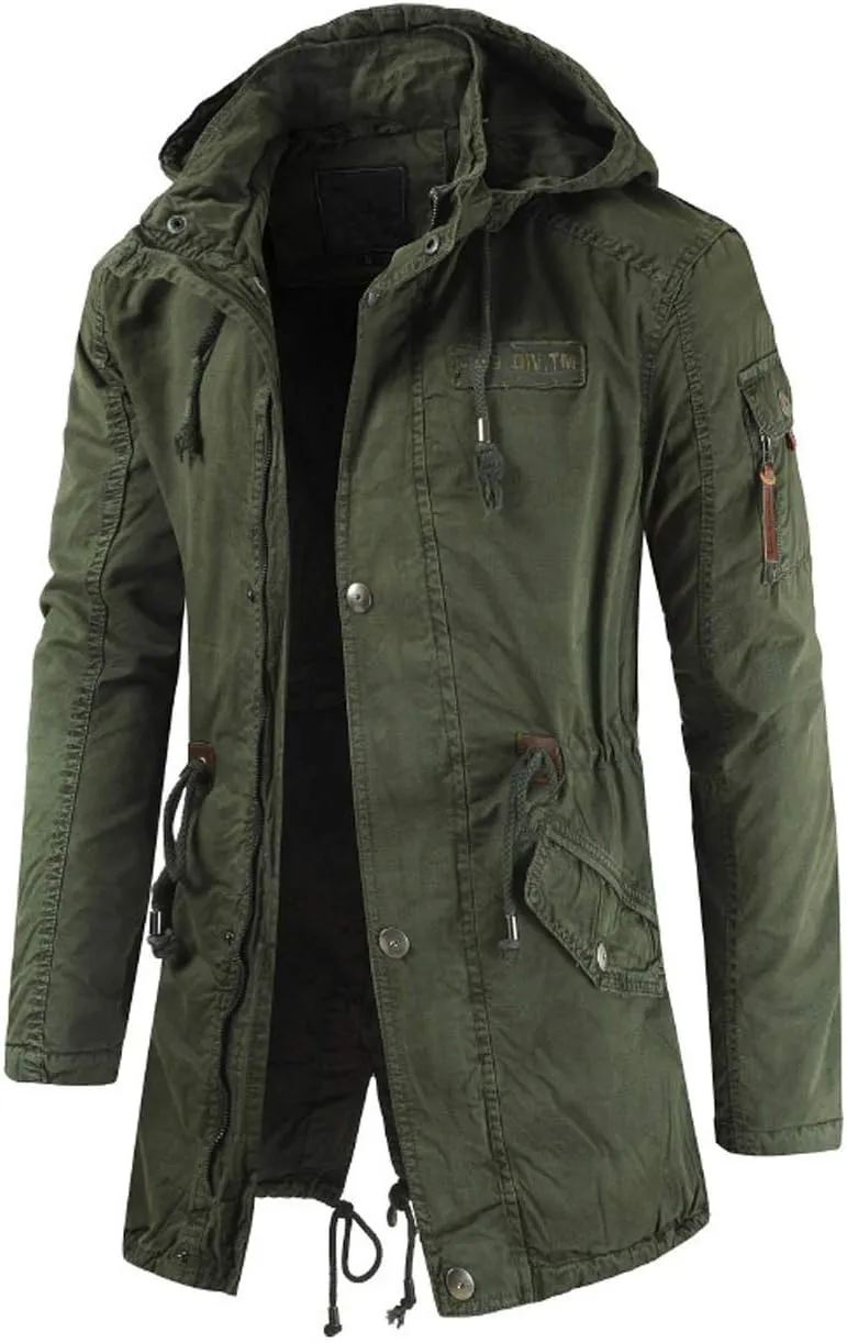 chouyatou Men's Spring Military Full-Zip Removable Hooded Cotton Mid-Long Parka Jacket Coat