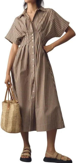 chouyatou Women's Contrast Color Striped Shirt Dress Pleated Button Down Maxi Long Tunic Dress