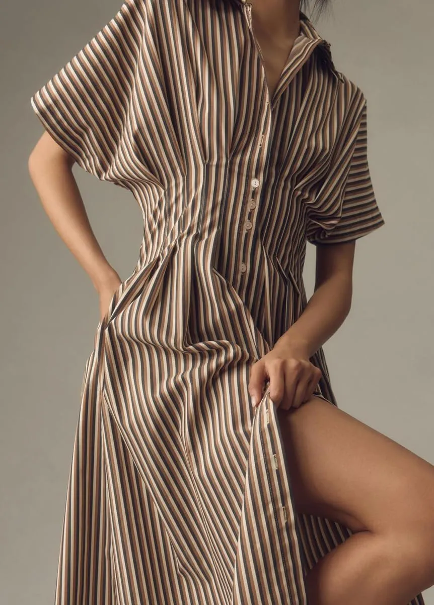 chouyatou Women's Contrast Color Striped Shirt Dress Pleated Button Down Maxi Long Tunic Dress