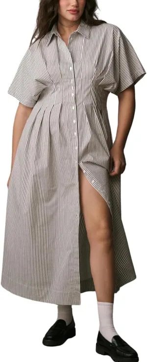 chouyatou Women's Contrast Color Striped Shirt Dress Pleated Button Down Maxi Long Tunic Dress