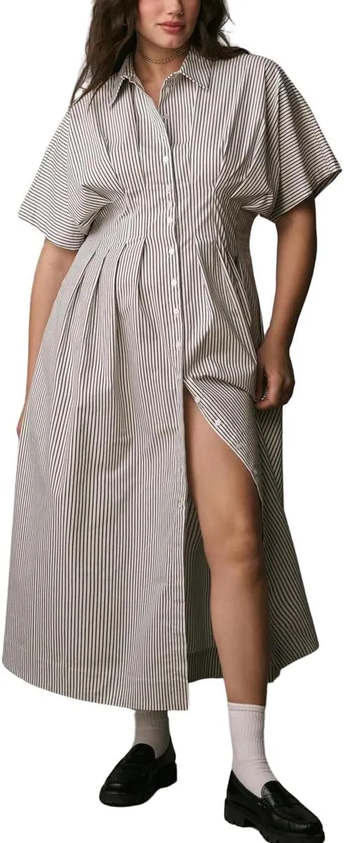 chouyatou Women's Contrast Color Striped Shirt Dress Pleated Button Down Maxi Long Tunic Dress