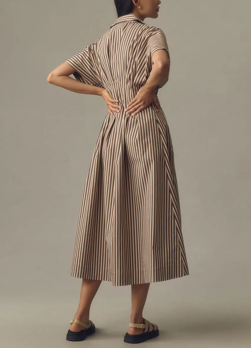 chouyatou Women's Contrast Color Striped Shirt Dress Pleated Button Down Maxi Long Tunic Dress