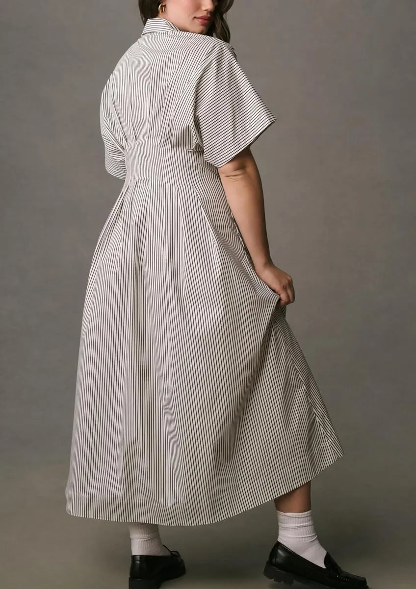 chouyatou Women's Contrast Color Striped Shirt Dress Pleated Button Down Maxi Long Tunic Dress