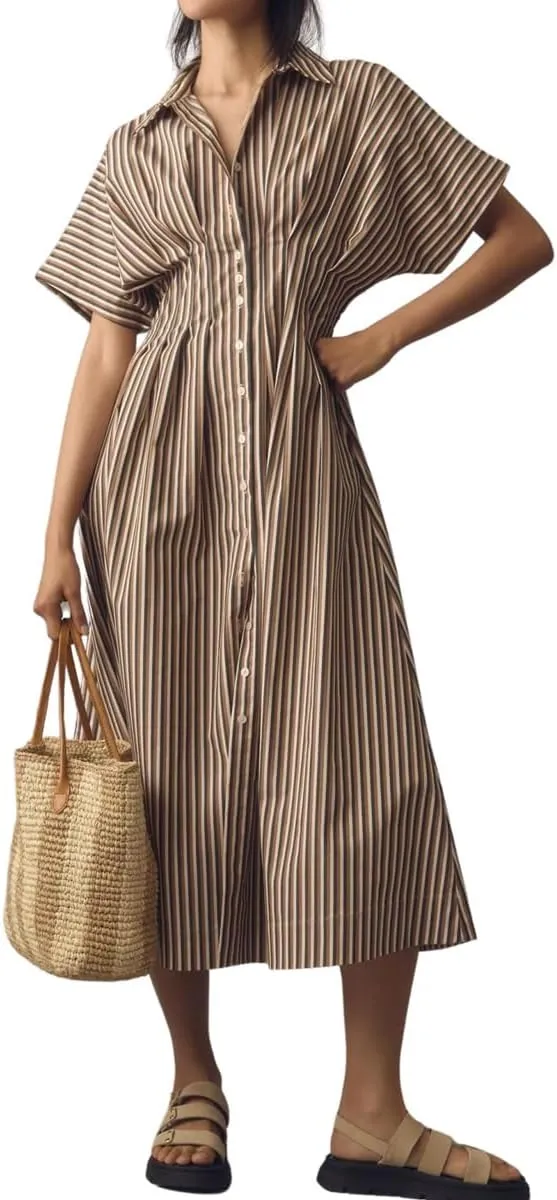 chouyatou Women's Contrast Color Striped Shirt Dress Pleated Button Down Maxi Long Tunic Dress