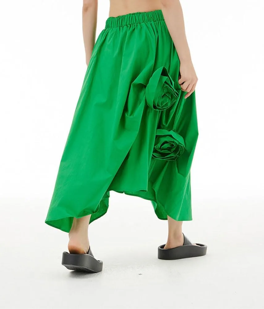chouyatou Women's Cute 3D Floral Applique Baggy Skirt Elastic Waist Irregular Swing Midi Long Skirt with Pockets