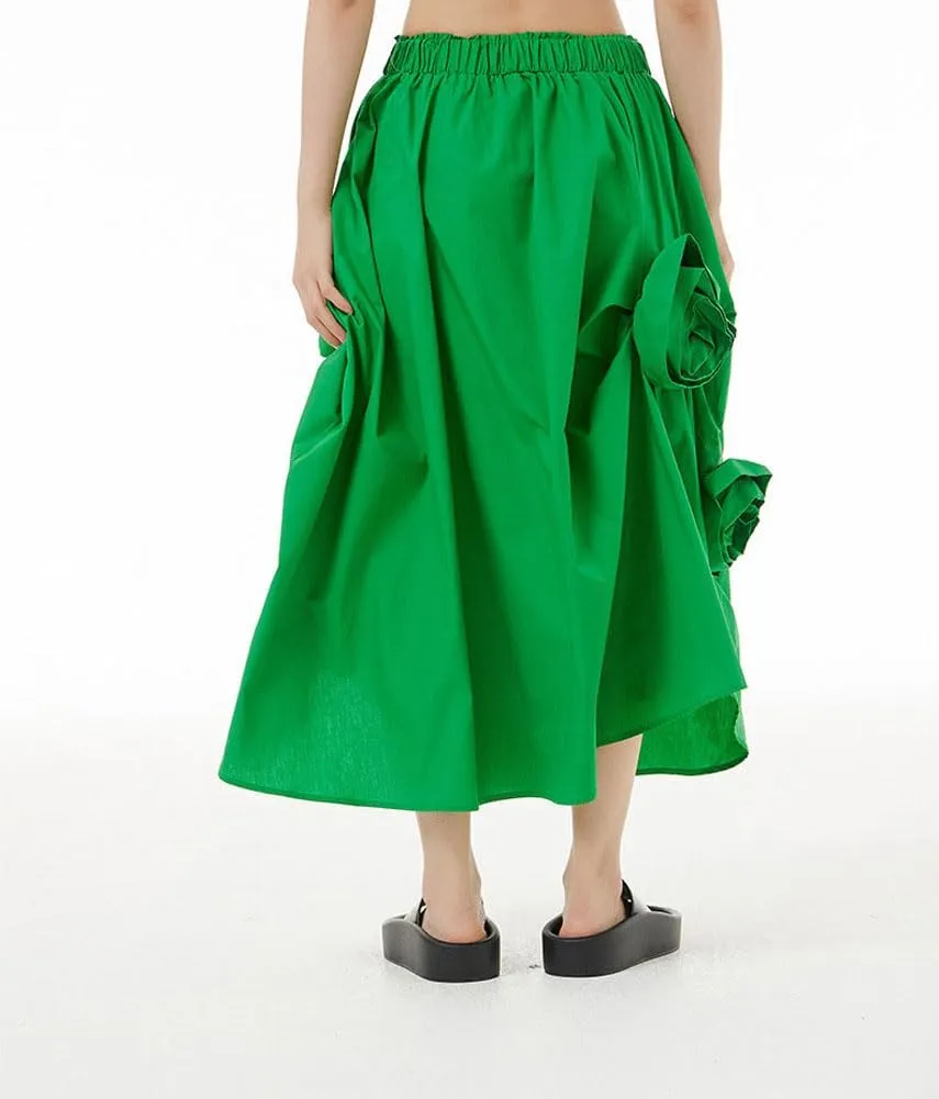 chouyatou Women's Cute 3D Floral Applique Baggy Skirt Elastic Waist Irregular Swing Midi Long Skirt with Pockets