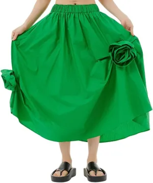 chouyatou Women's Cute 3D Floral Applique Baggy Skirt Elastic Waist Irregular Swing Midi Long Skirt with Pockets