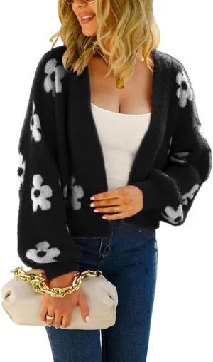 chouyatou Women's Fuzzy Daisy Printed Cropped Cardigan Open Front Jacquard Knit Sweater Tops