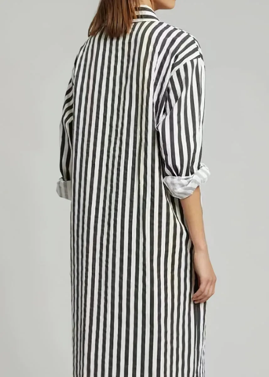 chouyatou Women's Long Sleeve Striped Shirt Dress Casual Loose Side Split Maxi Long Tunic Dress