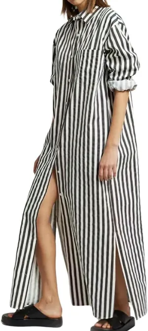 chouyatou Women's Long Sleeve Striped Shirt Dress Casual Loose Side Split Maxi Long Tunic Dress