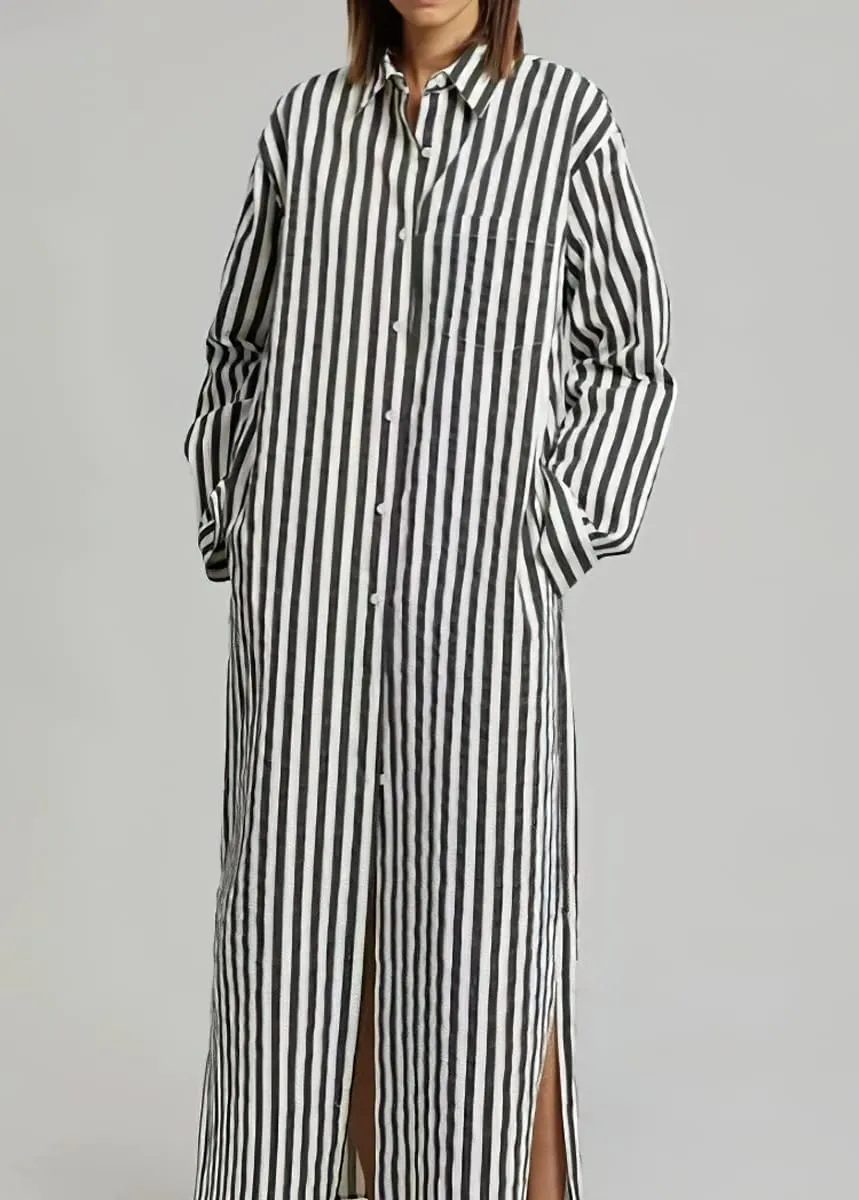 chouyatou Women's Long Sleeve Striped Shirt Dress Casual Loose Side Split Maxi Long Tunic Dress