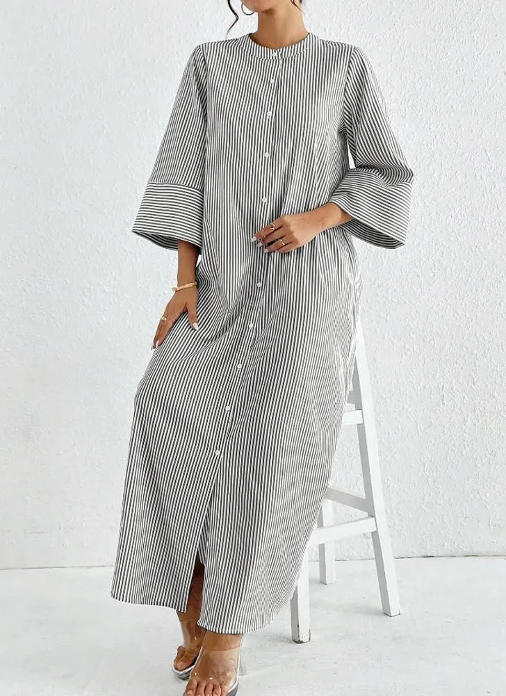 chouyatou Women's Long Sleeve Striped Shirt Dress Casual Loose Side Split Maxi Long Tunic Dress