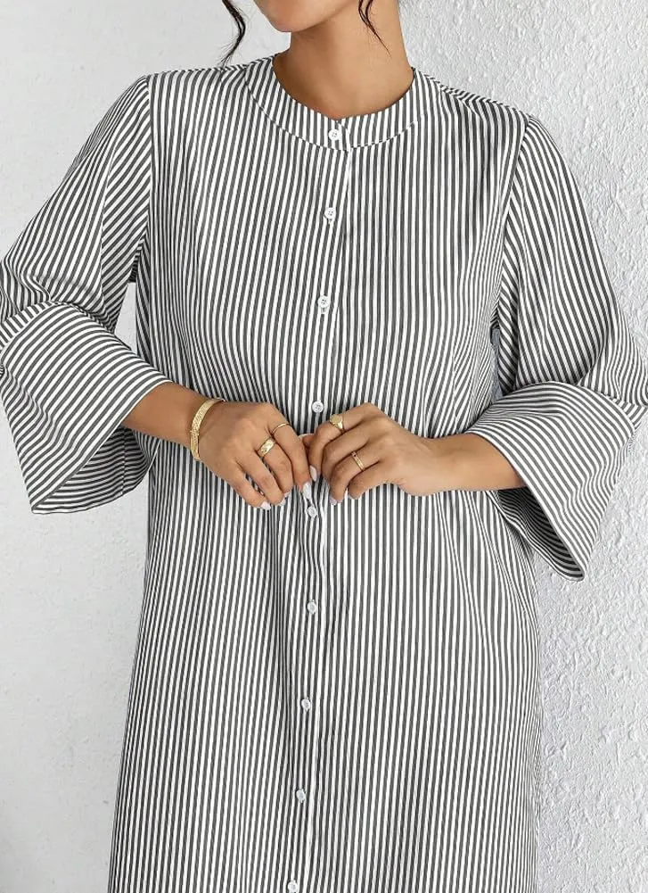 chouyatou Women's Long Sleeve Striped Shirt Dress Casual Loose Side Split Maxi Long Tunic Dress