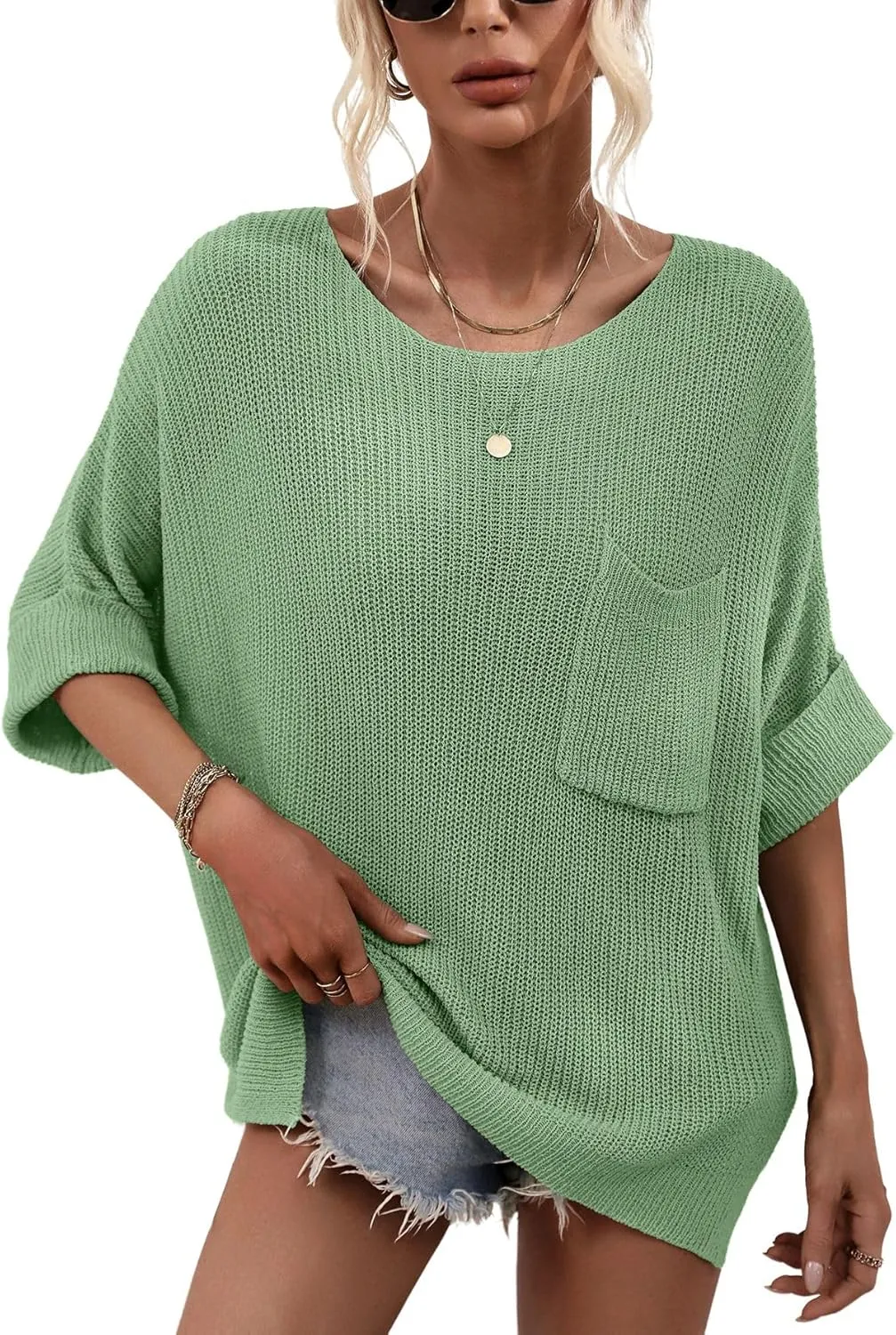 chouyatou Women's Oversized Short Sleeve Crochet Sweater Tops Beach Cover Up Summer T-Shirt