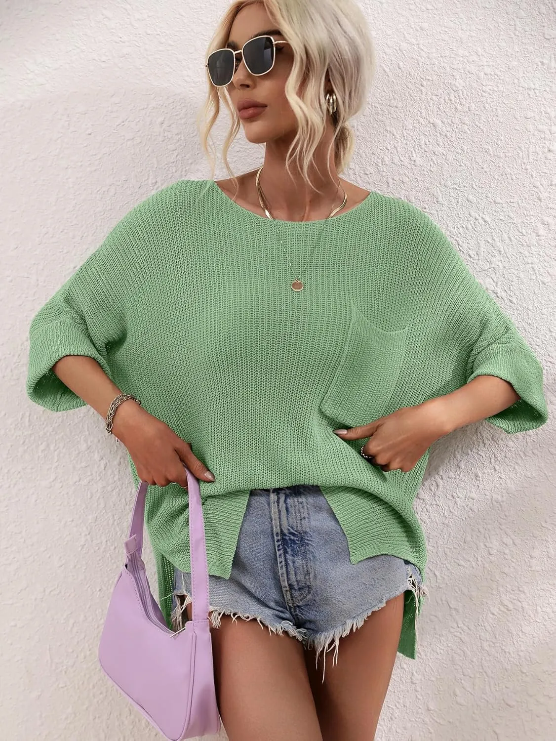 chouyatou Women's Oversized Short Sleeve Crochet Sweater Tops Beach Cover Up Summer T-Shirt