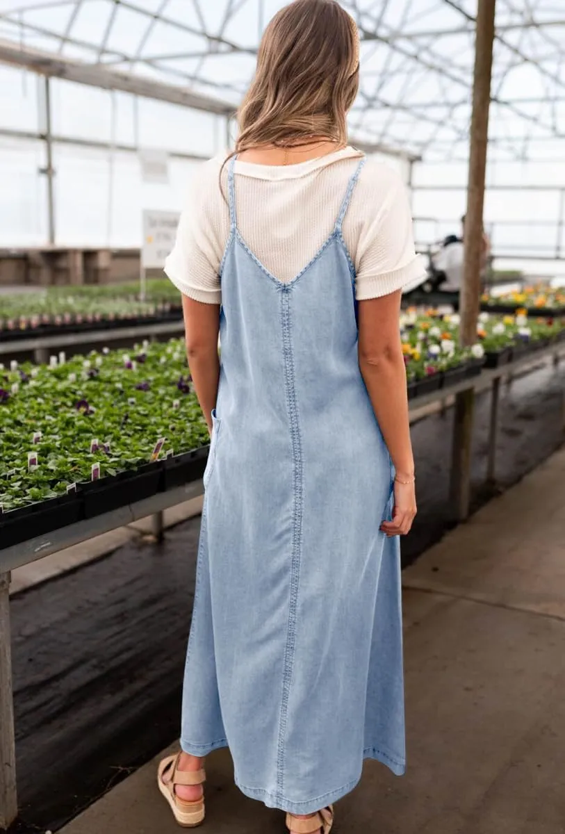 chouyatou Women's Summer Spaghetti Strap Denim Dress A-Line Overall Dress Flowy Swing Maxi Long Jean Dress