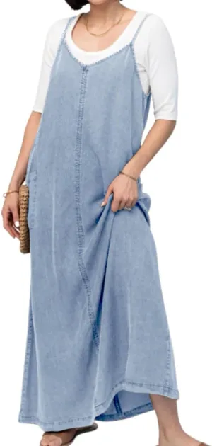 chouyatou Women's Summer Spaghetti Strap Denim Dress A-Line Overall Dress Flowy Swing Maxi Long Jean Dress