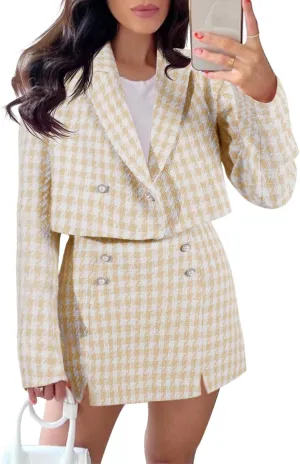 Cicy Bell Womens Cropped Tweed Blazer Sets 2 Piece Outfits and Mini Skirt Sets Business Casual Suits