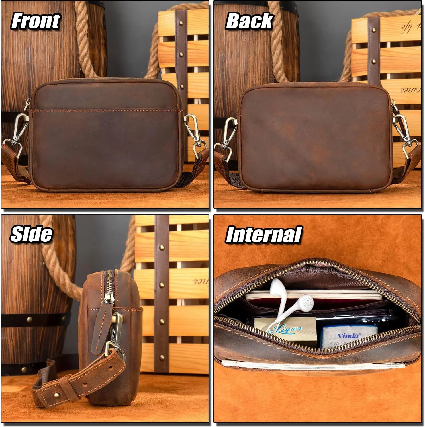 Classic Shoulder Bag for Men, Crazy Horse Leather Crossbody Bag, Small Business Messenger Bags Fashion Handbag