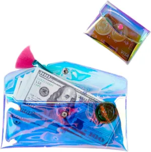 Clear Coin Purse Pouch Wallet,2 Pcs Different Size Holographic Minimalist Iridescent Small Slim Portable Laser Fantasy Storage Card Bag Pouch for Teen Girls Kids Women Gold