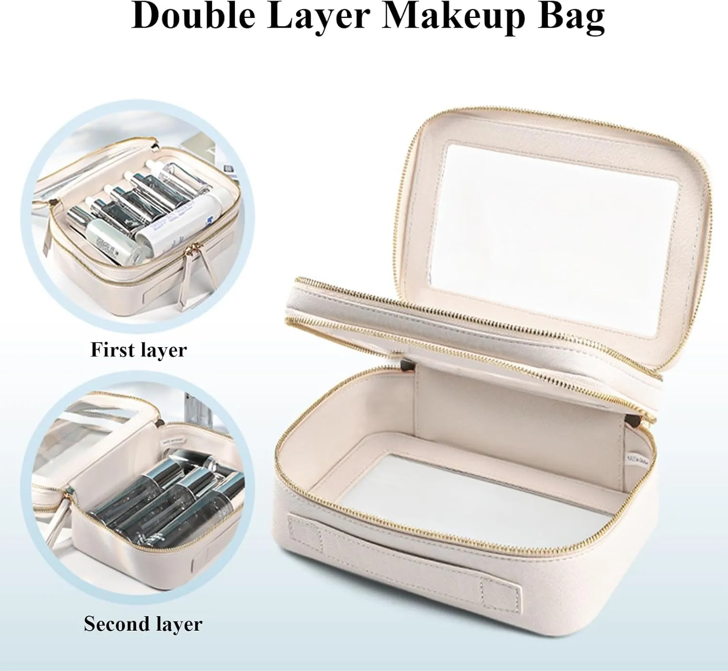 Clear Makeup Bag Double Layer Two Sided Travel Cosmetic Case Organizer for Women Toiletry Pouch with Transparent Vinyl Windows & Zippers (White)