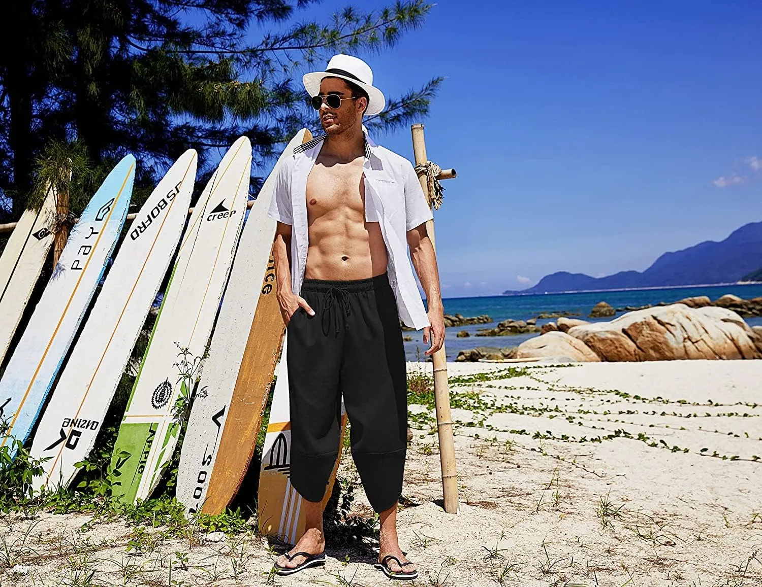 COOFANDY Men's Linen Harem Capri Pants Lightweight Loose 3/4 Shorts Drawstring Elastic Waist Casual Beach Boho Yoga Trousers