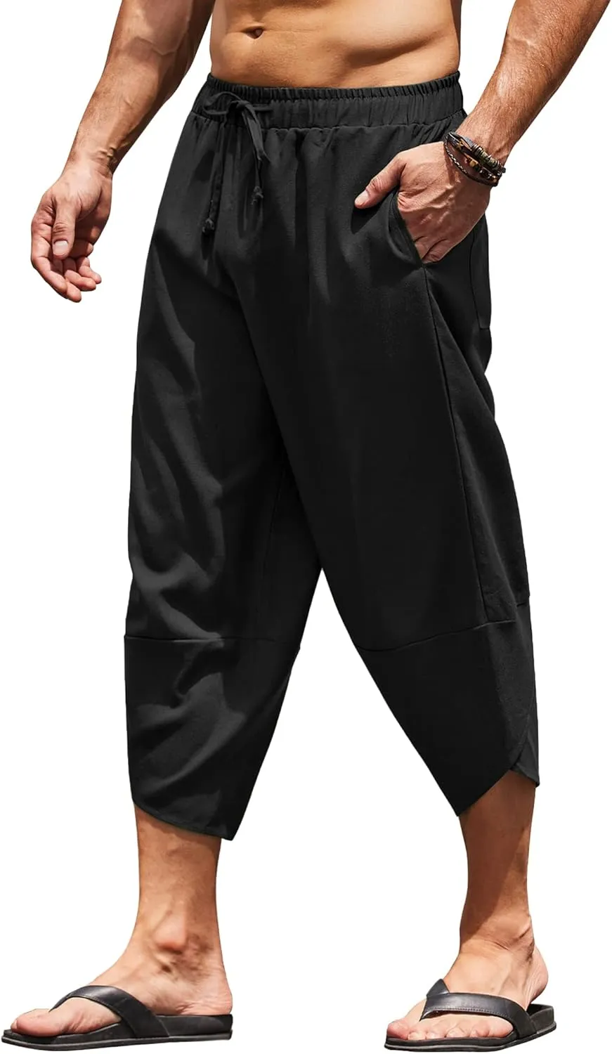 COOFANDY Men's Linen Harem Capri Pants Lightweight Loose 3/4 Shorts Drawstring Elastic Waist Casual Beach Boho Yoga Trousers