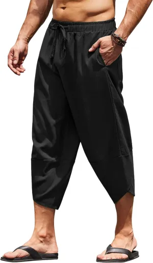 COOFANDY Men's Linen Harem Capri Pants Lightweight Loose 3/4 Shorts Drawstring Elastic Waist Casual Beach Boho Yoga Trousers